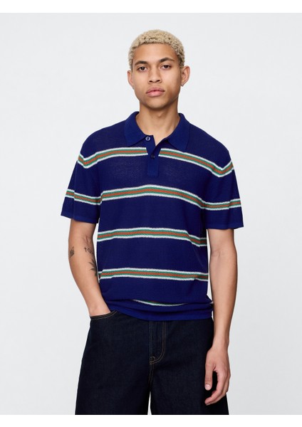 Erkek Koyu Mavi Dokulu Kroşe Polo T-Shirt