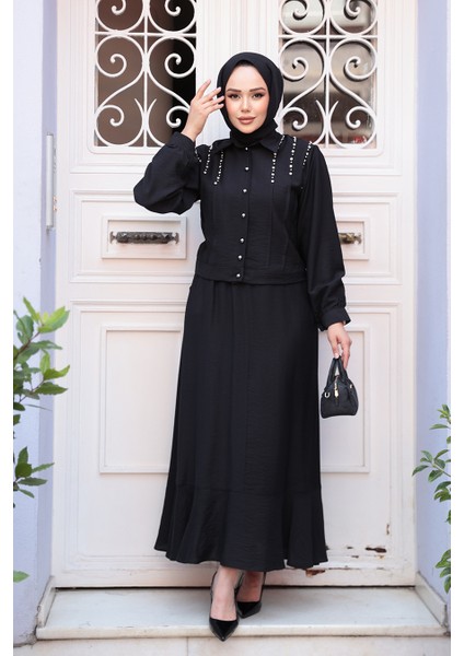 Düğmeli Siyah Tesettür Etekli Ikili Takım 44741S