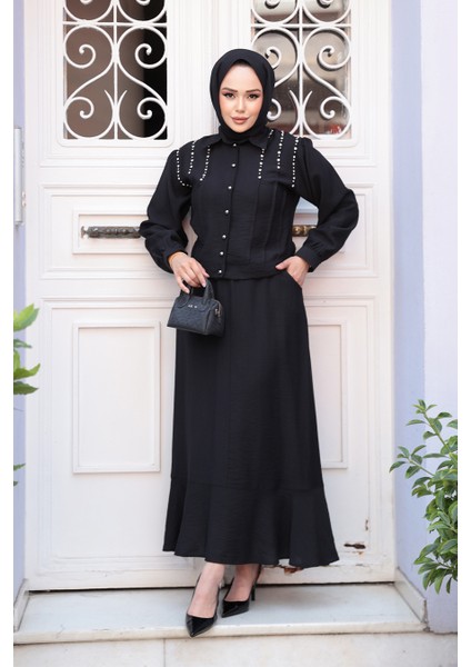 Düğmeli Siyah Tesettür Etekli Ikili Takım 44741S fiyatları