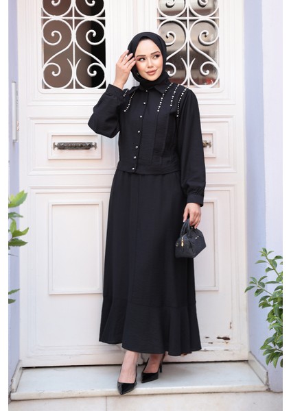 Düğmeli Siyah Tesettür Etekli Ikili Takım 44741S modelleri