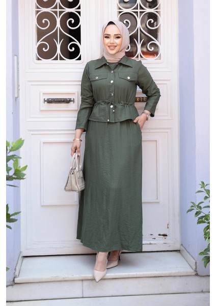 Ceketli Haki Tesettür Elbise Ikili Takım 44651HK