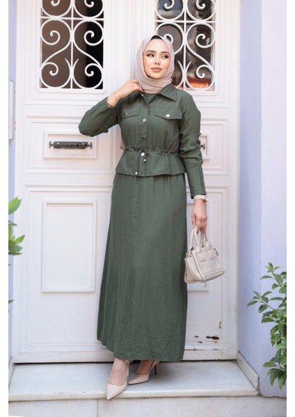 Ceketli Haki Tesettür Elbise Ikili Takım 44651HK fiyatları