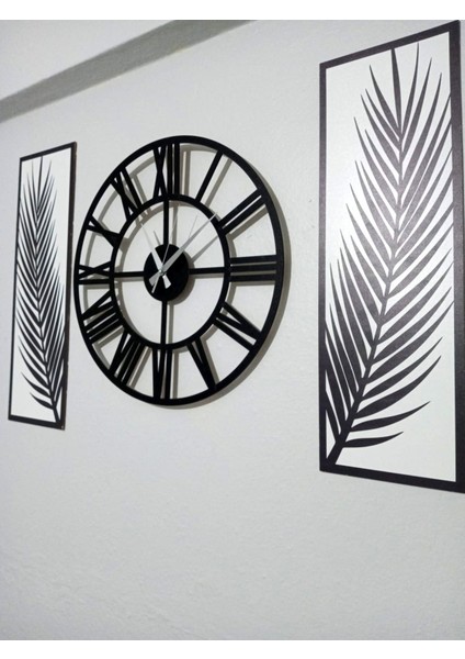 Siyah Beyaz, 3 Parçalı Palmiye ve Saat Duvar Dekor Seti