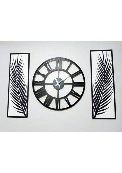 Siyah Beyaz, 3 Parçalı Palmiye ve Saat Duvar Dekor Seti fiyatları