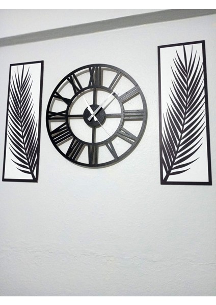 Siyah Beyaz, 3 Parçalı Palmiye ve Saat Duvar Dekor Seti modelleri