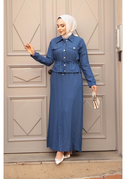 Ceketli Indigo Mavisi Tesettür Elbise Ikili Takım 44651IM