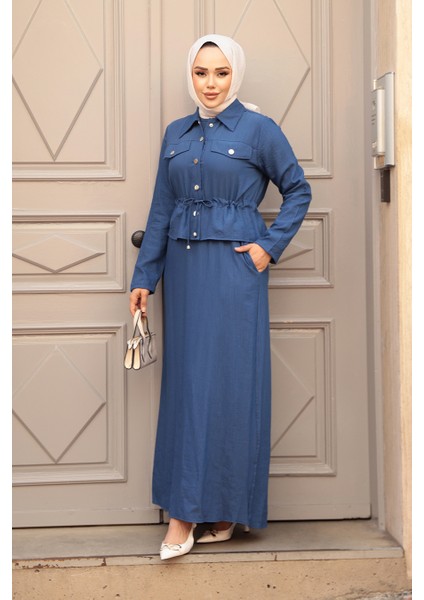 Ceketli Indigo Mavisi Tesettür Elbise Ikili Takım 44651IM fiyatları