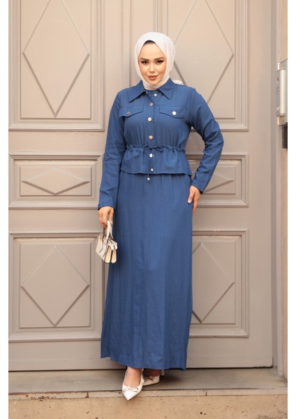 Ceketli Indigo Mavisi Tesettür Elbise Ikili Takım 44651IM modelleri