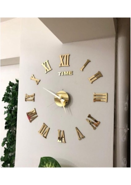 3D Ayna Roma Rakamlı Dekoratif Büyük Boy Duvar Saati Roma Gold