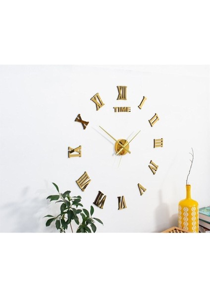 3D Ayna Roma Rakamlı Dekoratif Büyük Boy Duvar Saati Roma Gold