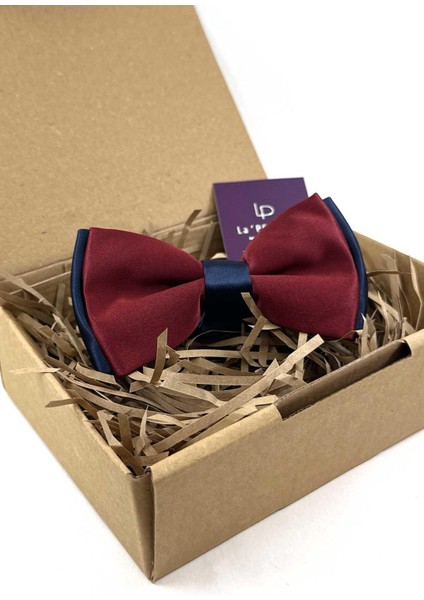 Bordo - Lacivert Saten Düz Papyon P1996