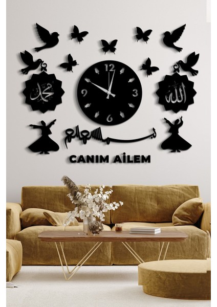 Mevlana Besmele Canım Ailem Yazılı Dekoratif Duvar Saati