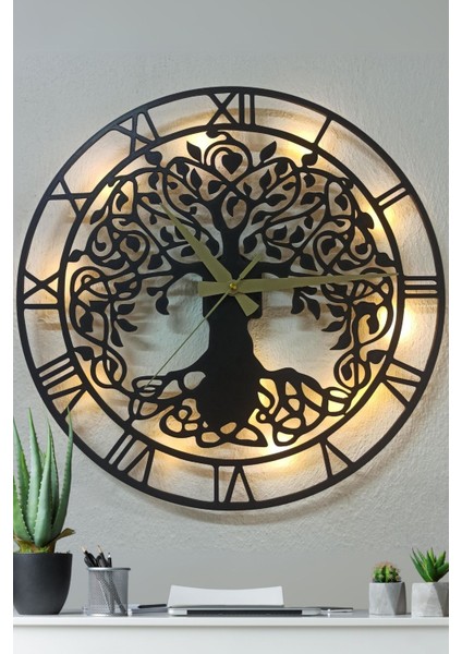 Roma Rakamlı Ağaç Tasarımlı Modern Duvar Saati Oturma Odası ve Misafir Odasına Işıklı Duvar Saati