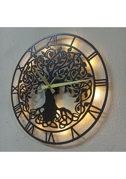 Roma Rakamlı Ağaç Tasarımlı Modern Duvar Saati Oturma Odası ve Misafir Odasına Işıklı Duvar Saati modelleri