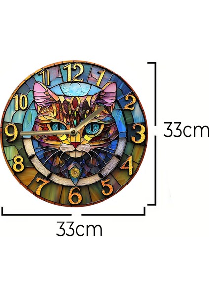 Sessiz Yuvarlak Ahşap Duvar Saati, Kuvars Hareketli 2d Kedi Desen SDW021