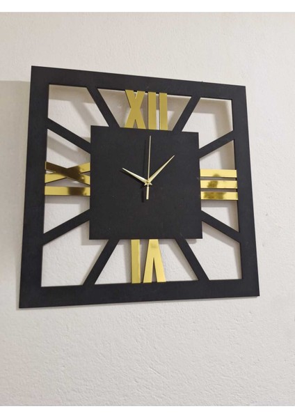 Dekoratif Duvar Saati Kare Siyah 6 mm Mdf Üzeri Gold Pleksi 40*40