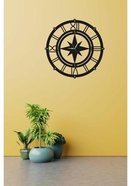 Pusula Temalı Duvar Saati Ahşap Pusula Duvar Saati 40 cm x 40 cm