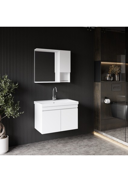 Deniz Banyo Dolabı Seti, 80 Cm Beyaz, Lavabo Dahil, Lavabolu