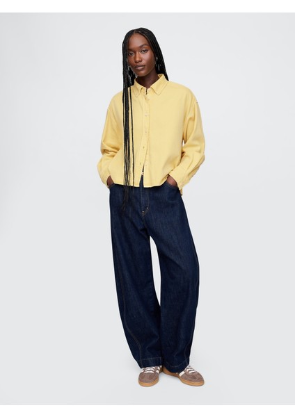 Kadın Sarı Ultrasoft Denim Crop Big Gömlek