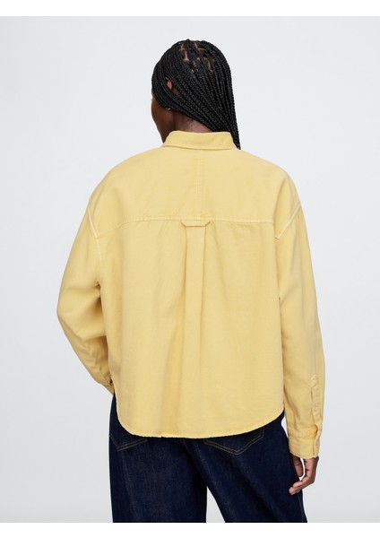 Kadın Sarı Ultrasoft Denim Crop Big Gömlek
