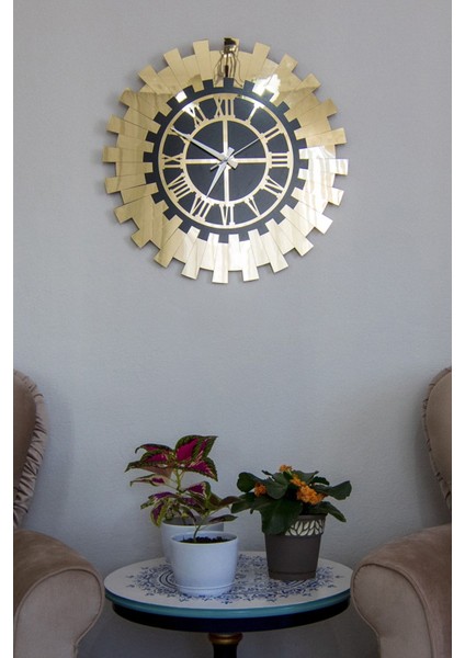 40X40 cm Dekoratif Duvar Saati Çift Kat Mdf Üzeri Gold Aynalı Pleksi Roma Rakamlı Kadran