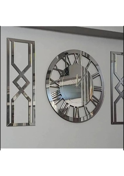 Dekoratif Xxxl Büyük Boy Aynalı Özel Kutulu Gümüş Tablo Duvar Saati