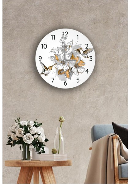 Çap 37 cm Altın Kuş Dekoratif Cam Saat