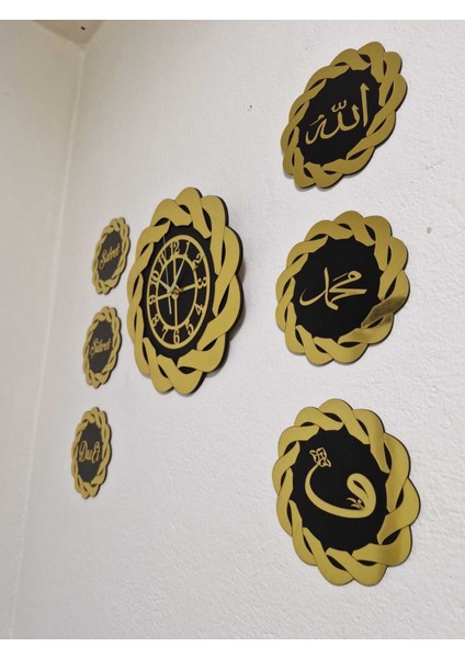 Gold Duvar Saati 40 cm Burgu 18X18 cm Sabret, Şükret, Dua Et, Allah, Muhammed, Vav 7 Li Tablo Set modelleri