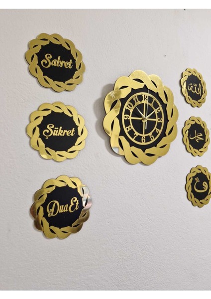 Gold Duvar Saati 40 cm Burgu 18X18 cm Sabret, Şükret, Dua Et, Allah, Muhammed, Vav 7 Li Tablo Set indirimleri