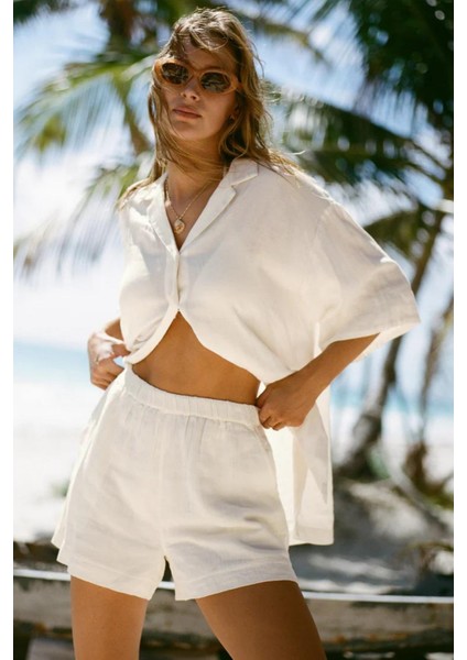Kadın Müslin Plaj Seti - Gömlek ve Şort Takımı - Plaj, Günlük. - 2 Katdoğal Müslin Kumaş. modelleri