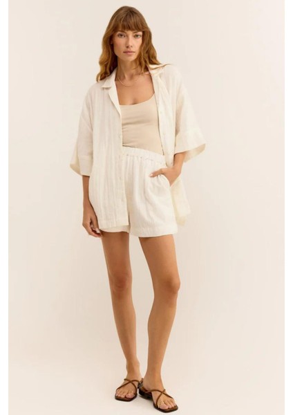 Kadın Müslin Plaj Seti - Gömlek ve Şort Takımı - Plaj, Günlük. - 2 Katdoğal Müslin Kumaş. indirimleri