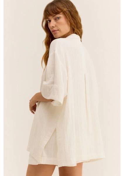 Kadın Müslin Plaj Seti - Gömlek ve Şort Takımı - Plaj, Günlük. - 2 Katdoğal Müslin Kumaş.