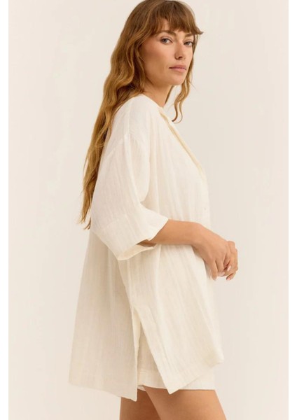 Kadın Müslin Plaj Seti - Gömlek ve Şort Takımı - Plaj, Günlük. - 2 Katdoğal Müslin Kumaş.