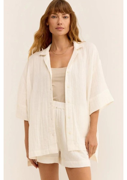 Kadın Müslin Plaj Seti - Gömlek ve Şort Takımı - Plaj, Günlük. - 2 Katdoğal Müslin Kumaş.