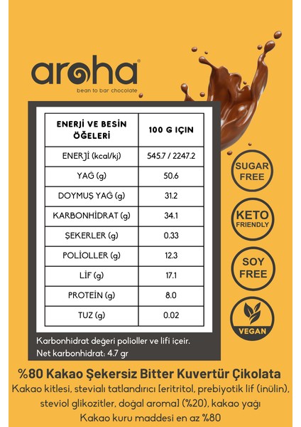 Ikili Avantaj Paket. %80 Kakao Şekersiz Bitter Kuvertür Çikolata - Stevia ile Tatlandırılmıştır - 500 G x 2 Adet
