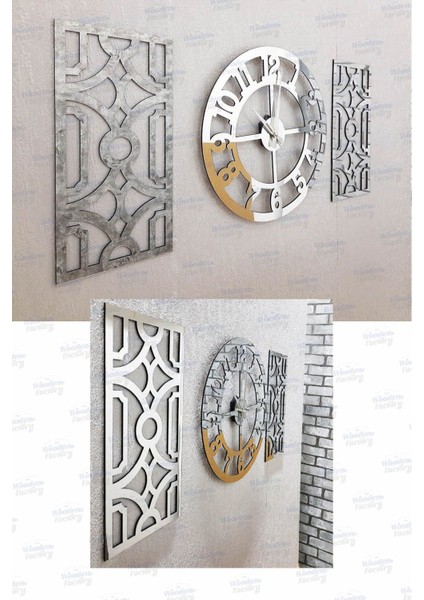 Wooden Factory Time Collection 3 Parça Fero Latin Rakamlı Dekoratif Duvar Saati (Gümüş)