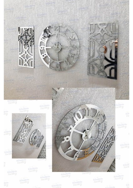 Wooden Factory Time Collection 3 Parça Fero Latin Rakamlı Dekoratif Duvar Saati (Gümüş) fiyatları