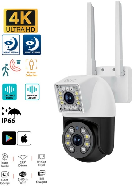 4mp Iç ve Dış Mekan Uyumlu Ip Kamera IP66 Sertifikalı Hareket Takip Dual Lens Güvenlik Kamerası