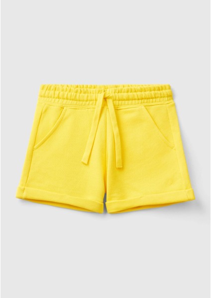 Kız Çocuk Neon Sarı Logolu Sweat Şort