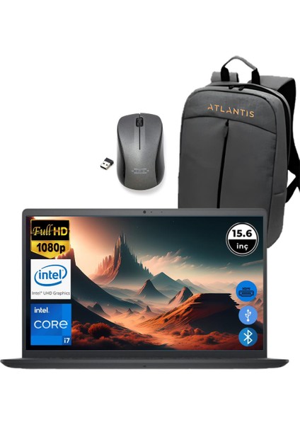 Inspiron 3520 i7 1255U 8GB 128 GB M.2 SSD I35201013U ATL90 O/B 15.6" Fdos Taşınabilir Bilgisayar+Çanta&Mouse
