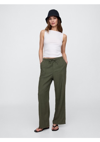 Kadın Haki Mid Rise Keten Karışımlı Pull-On Wide-Leg Pantolon