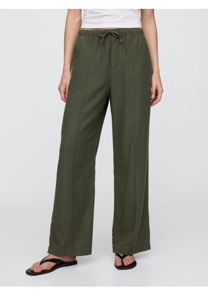 Kadın Haki Mid Rise Keten Karışımlı Pull-On Wide-Leg Pantolon modelleri