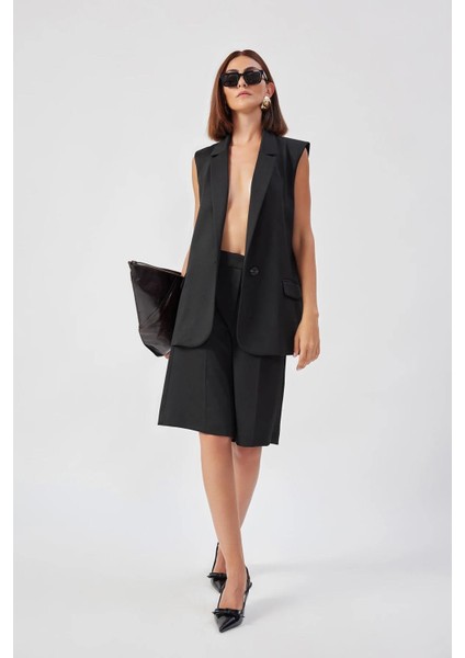 Kadın Siyah Lui Long Waistcoat Kruvaze Yaka Yelek