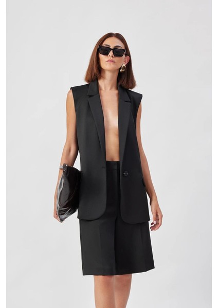 Kadın Siyah Lui Long Waistcoat Kruvaze Yaka Yelek