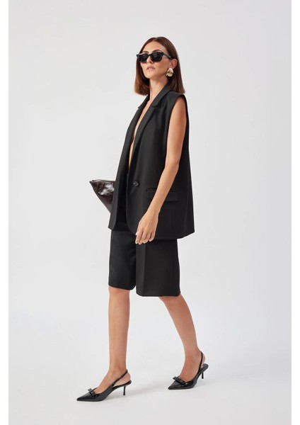 Kadın Siyah Lui Long Waistcoat Kruvaze Yaka Yelek