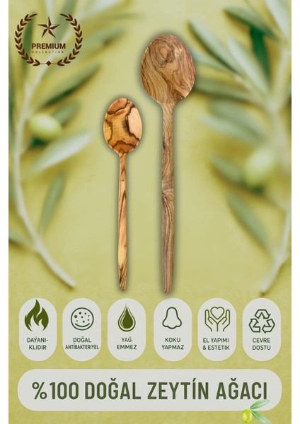 2 Li Zeytin Ağacı Kaşık Seti 32 ve 23 cm El Yapımı, Doğal, Çizmez, Servis ve Pilav Kaşığı