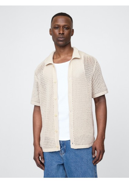 Erkek Bej Mesh Örgü Gömlek