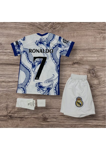 Real Madrid Ronaldo Özel Tasarım Dalgalı Dragon Çocuk Futbol Forması 4lü Set Forma+Şort+Çorp+Bilrklik