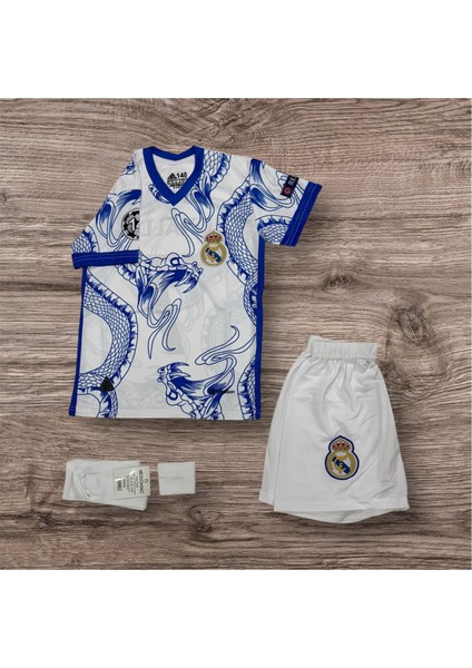 Real Madrid Ronaldo Özel Tasarım Dalgalı Dragon Çocuk Futbol Forması 4lü Set Forma+Şort+Çorp+Bilrklik