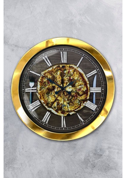 Hediyelik 36 cm Gold Metal Pizza Duvar Saati
